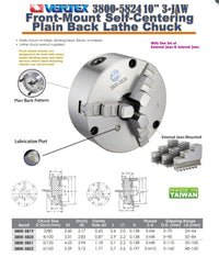 VERTEX 10" 3-Jaw Front Mount Lathe Chuck 2 Sets Of Jaws 10" Chuck Size 3800-5824