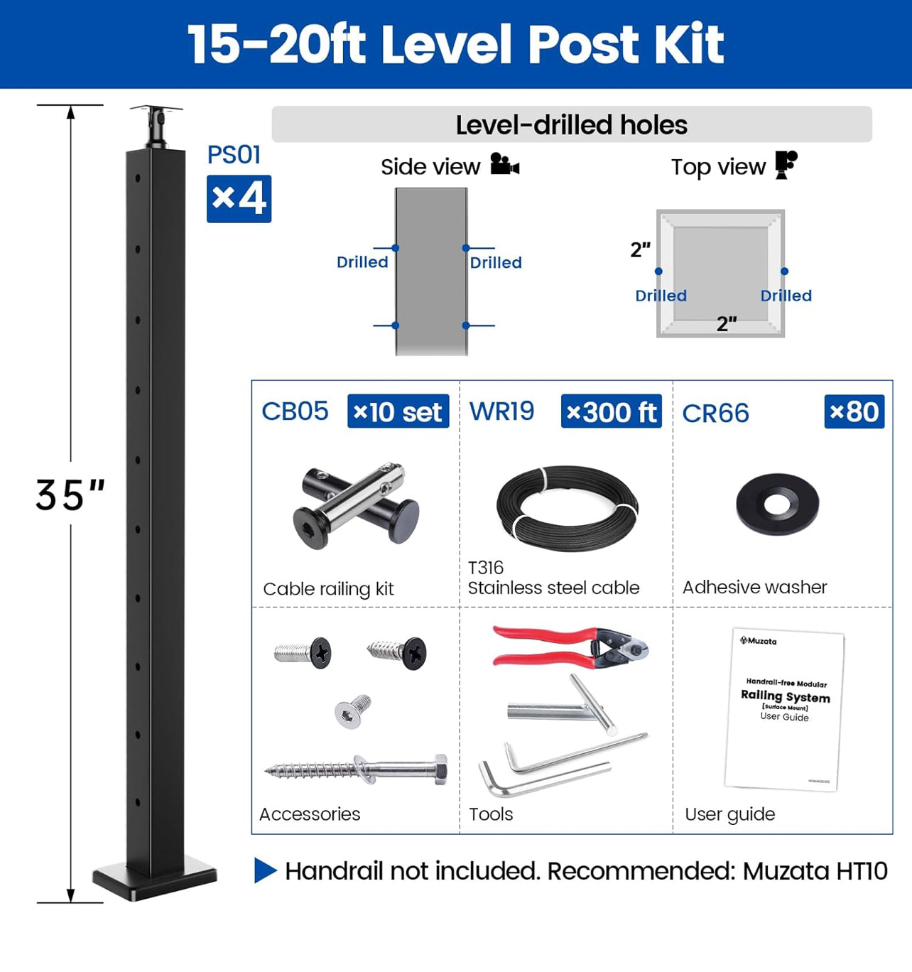 Muzata 15-20FT Modular Black Cable Railing Kit 36” 4 Level Post Kit Complete Set Cable Railing System For Decks Length Adjustable Easy DIY With Paper User Guide (No Handrail) RWS2 BH4S