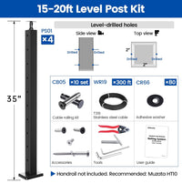 Muzata 15-20FT Modular Black Cable Railing Kit 36” 4 Level Post Kit Complete Set Cable Railing System For Decks Length Adjustable Easy DIY With Paper User Guide (No Handrail) RWS2 BH4S