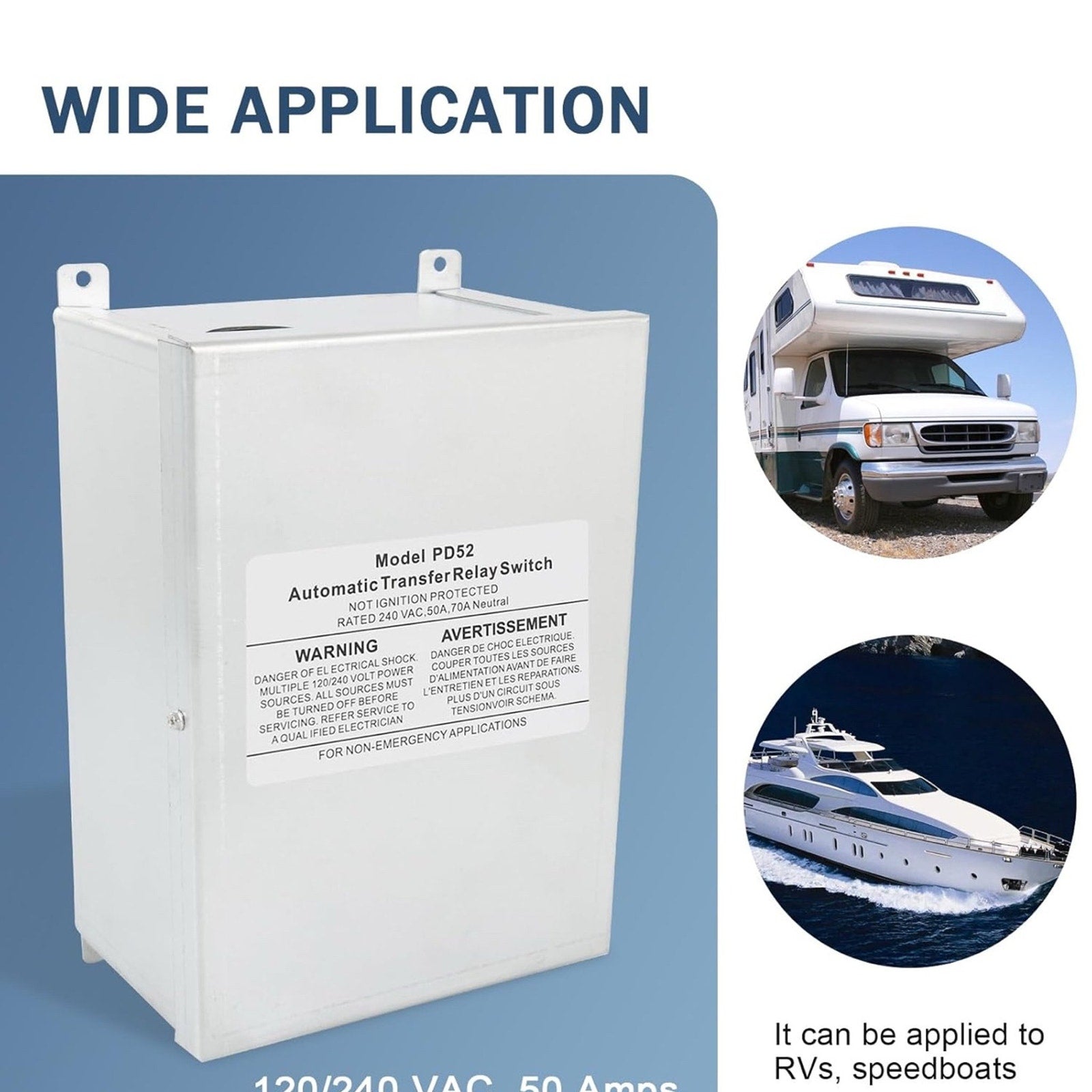 50 AMP Automatic Transfer Switch for RV Outdoor Speedboats 120/240 VAC Generator Applied to RV, Speedboats, 120/240 Volt Power Sources