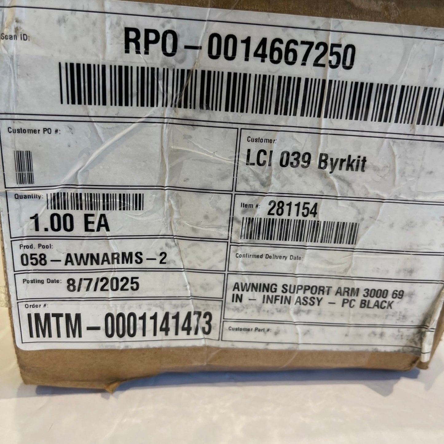 Standard Flat Awning Support Arm Assembly Solera 3000 Series- 281154 69" Black