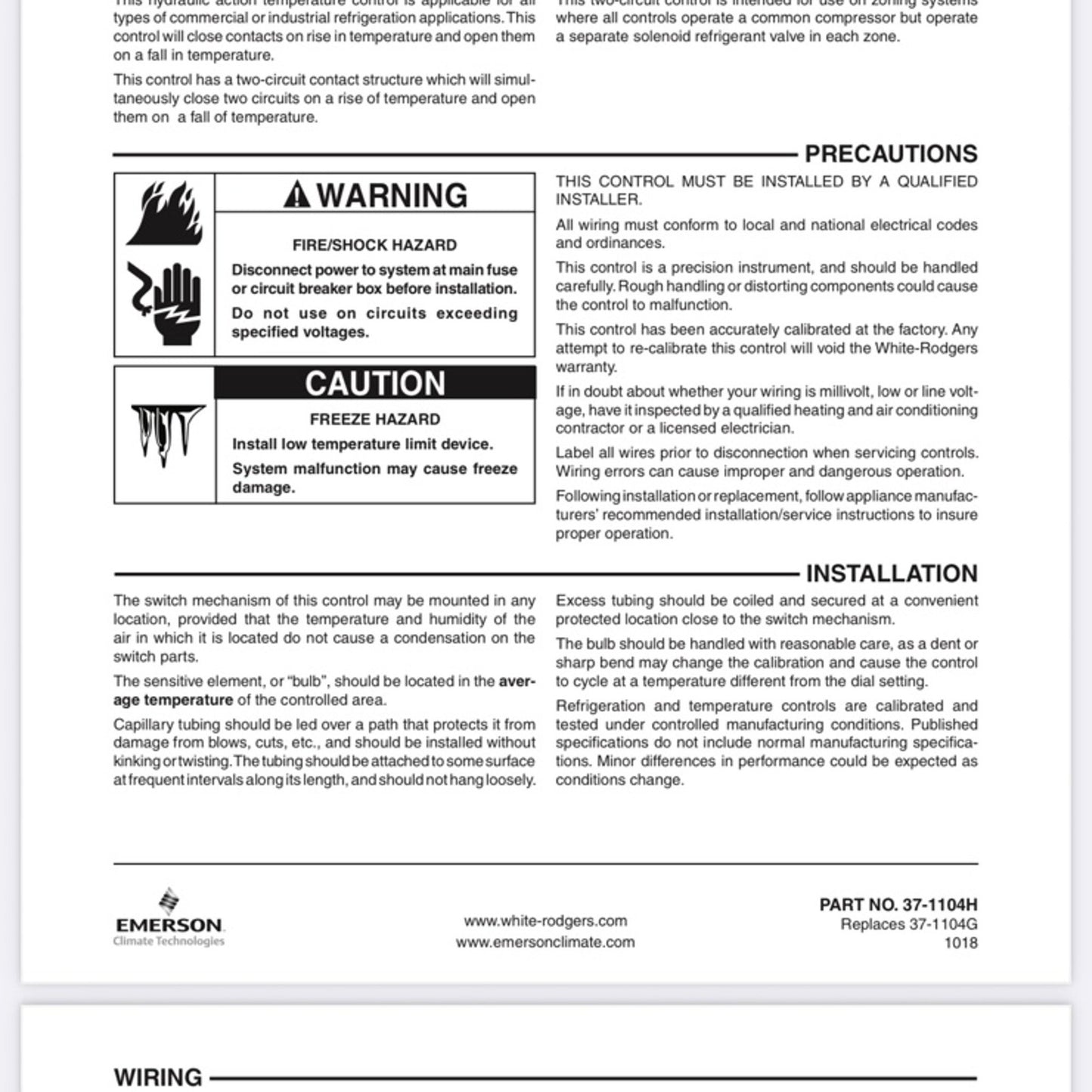 White-Rodgers W1609101 White-Rodgers 1609-101 Refrigeration Temperature Control
