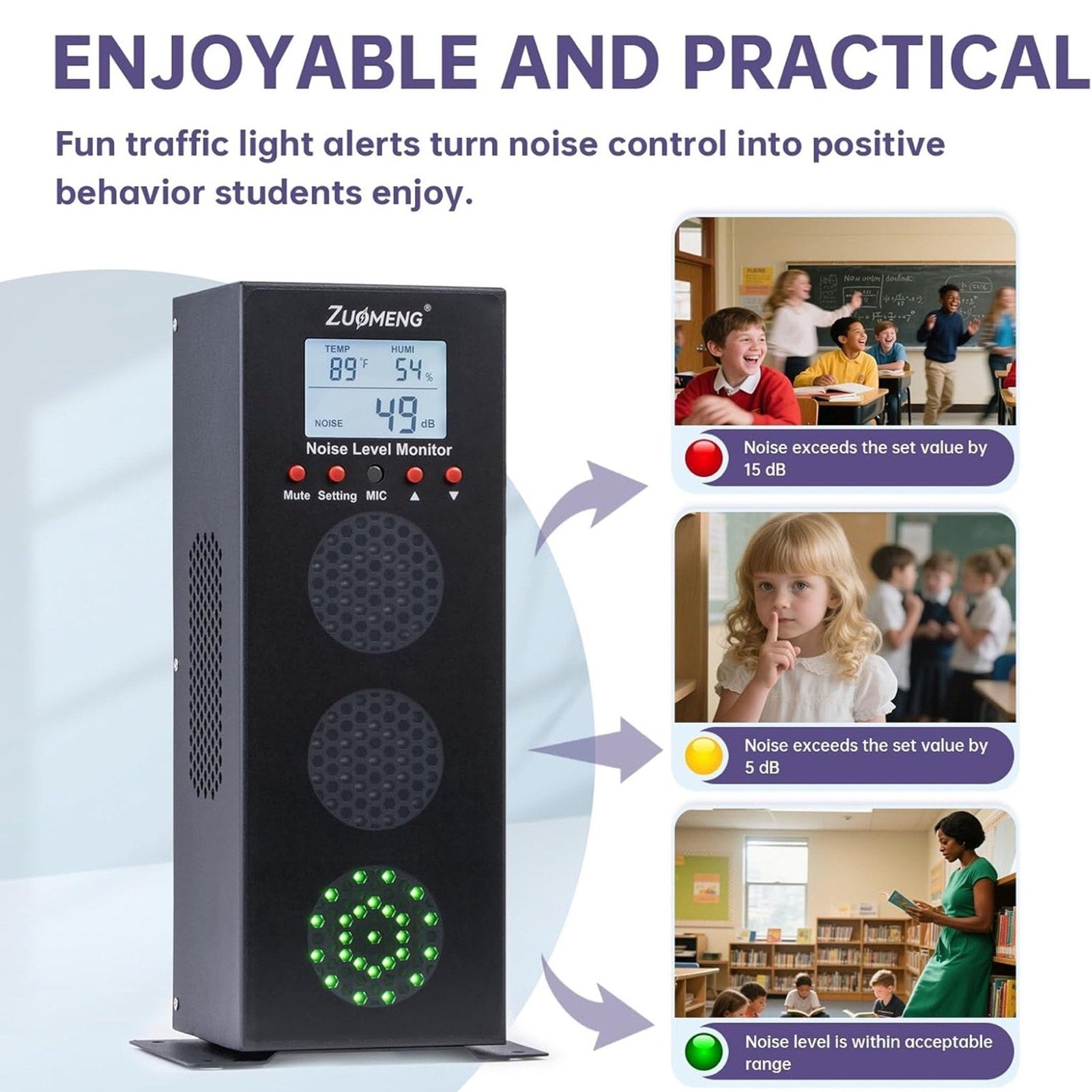 Noise Detector with Traffic Light Alert & Adjustable dB Threshold & Volume, Temp & Humidity Display, Metal Housing, for Classroom Noise Control, Fun Interaction for Easy Noise Management