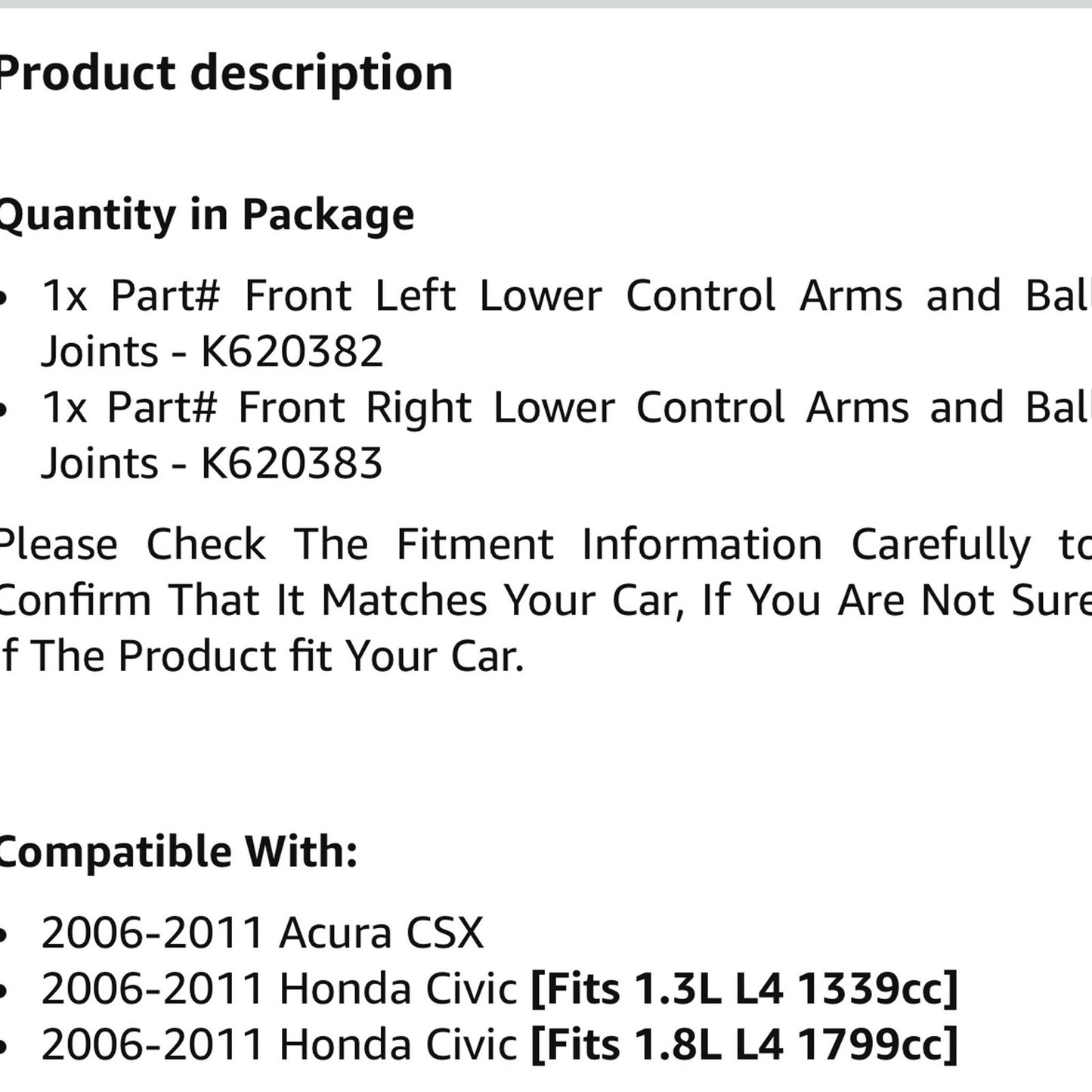Front Suspension Kit Lower Control Arm & Ball Joint Assembly 2X K620382 K620383 for ACURA CSX 2012 Honda Civic 2006-2011