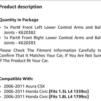 Front Suspension Kit Lower Control Arm & Ball Joint Assembly 2X K620382 K620383 for ACURA CSX 2012 Honda Civic 2006-2011