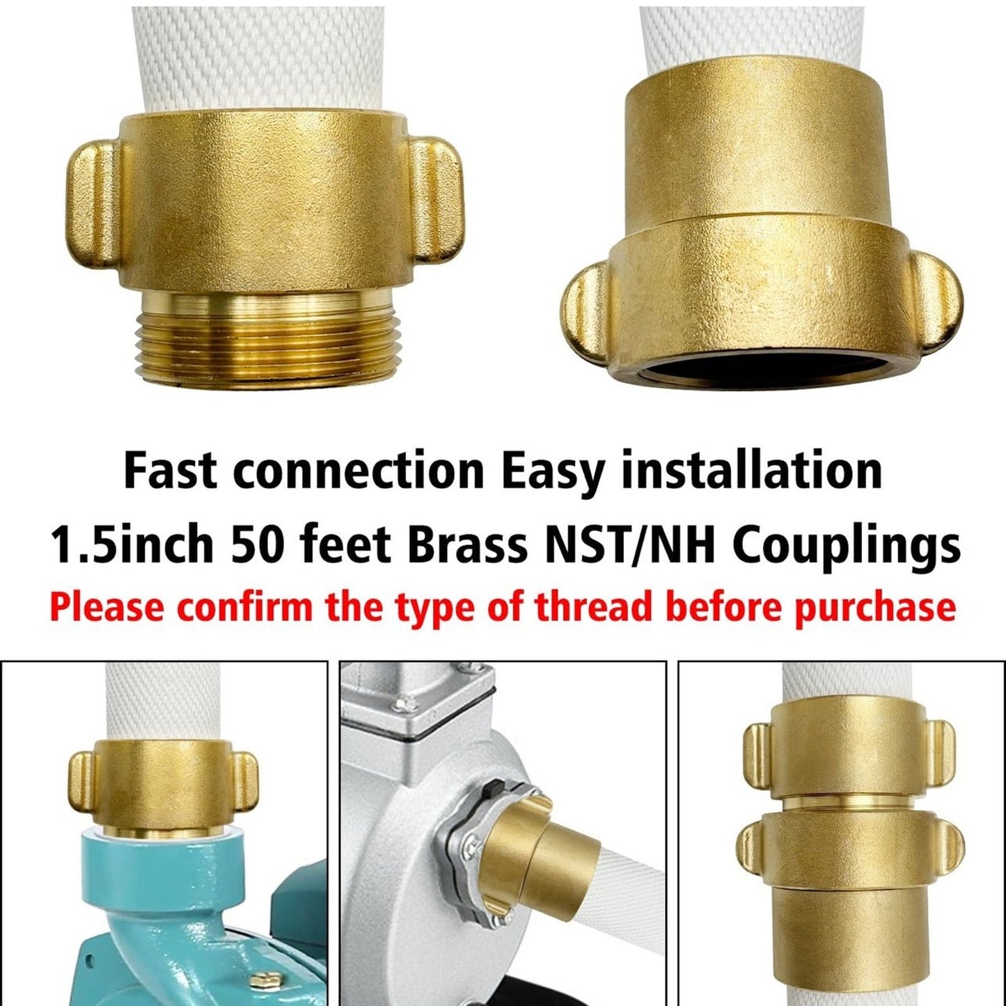 Fire Hose White, 1-1/2” x 50' Lay Flat Heavy-Duty Backwash/Discharge Hose, NST/NH Brass Connectors (1.5” NST/NH-50FT)