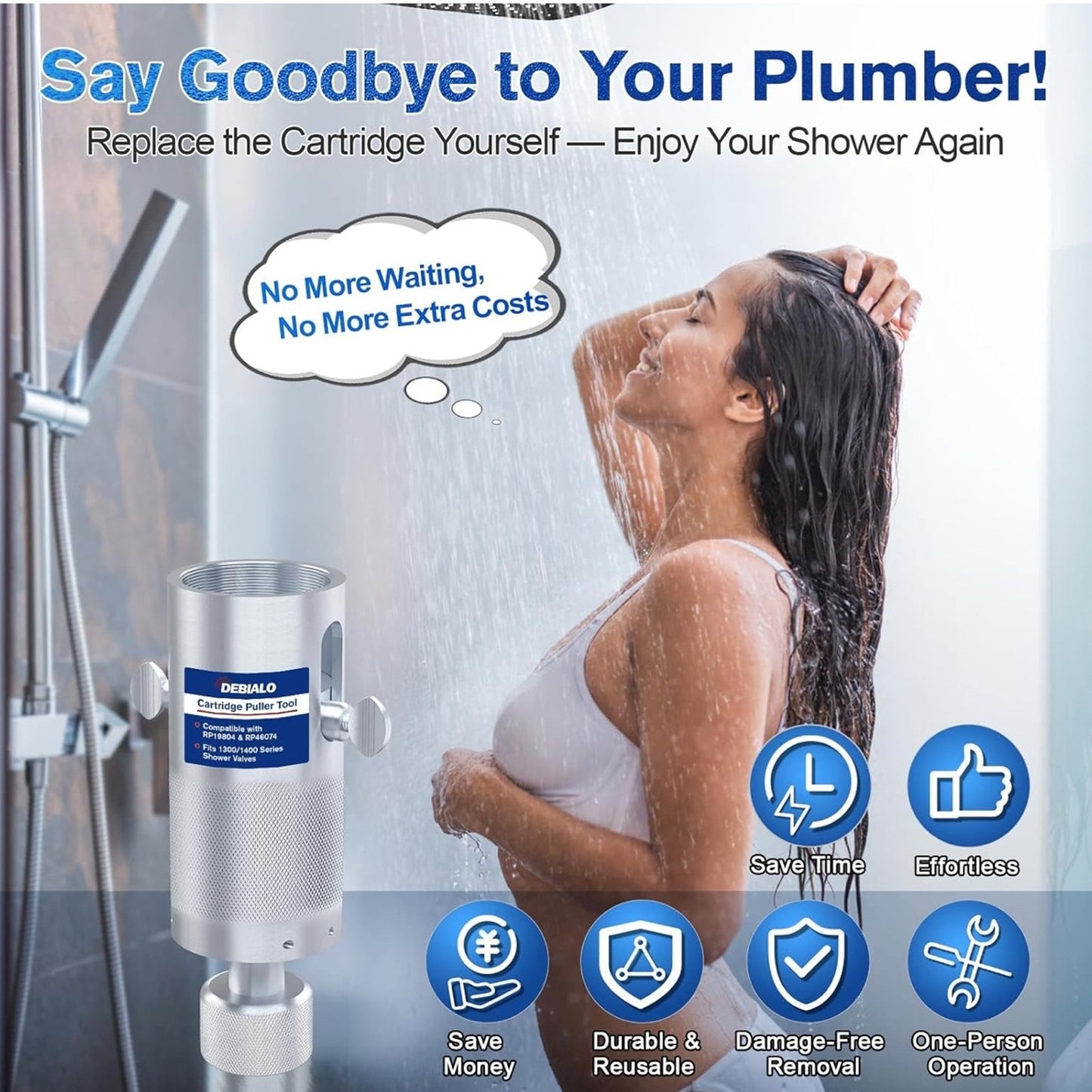 Cartridge Removal Tool for Delta Tub & Shower Faucets, Fits 1300/1400 Series RP46074 & RP19804 Cartridges, Heavy-Duty Reusable Steel Puller Extractor, Damage-Free DIY Valve Repair