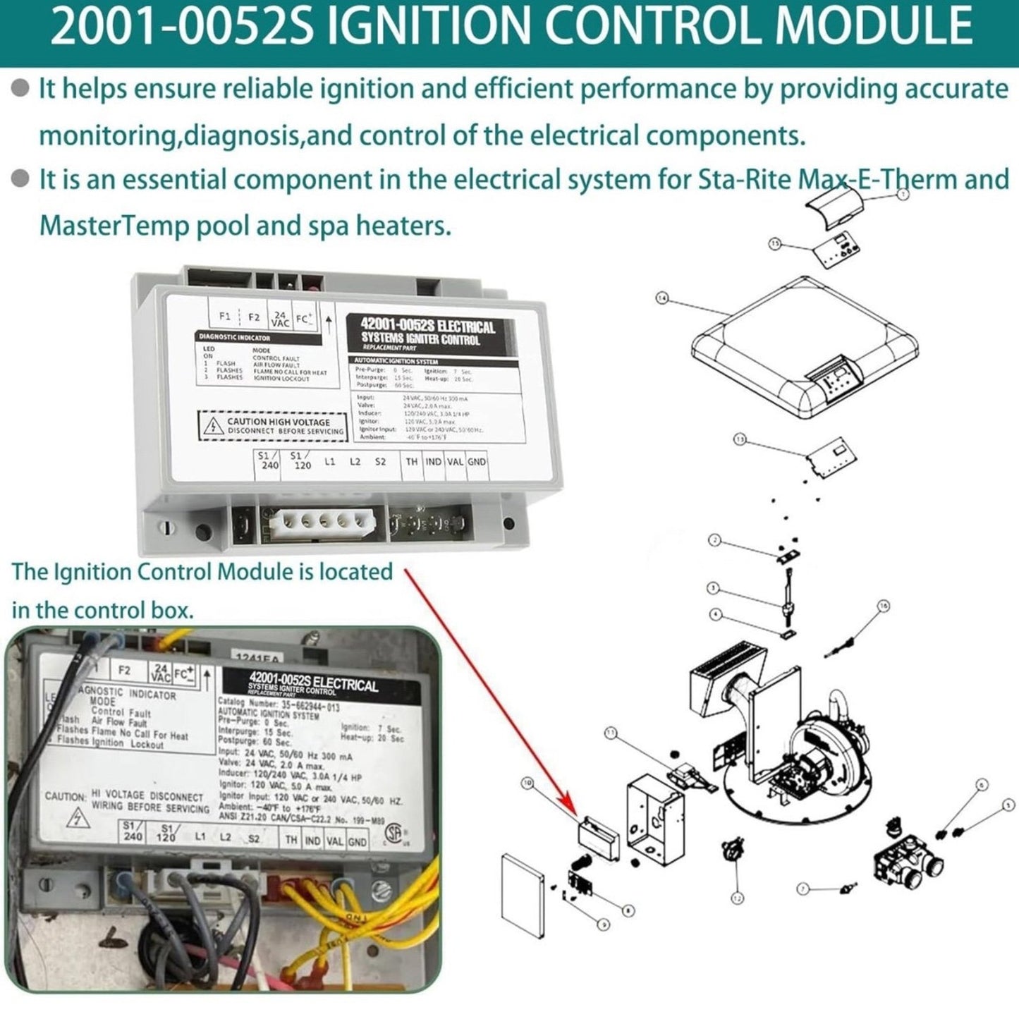 42001-0052S Igniter Control Module Replacement Parts Kit Fit for MasterTemp & Sta-Rite Max-E-Therm Swimming Pool and Spa Heater Electrical Systems