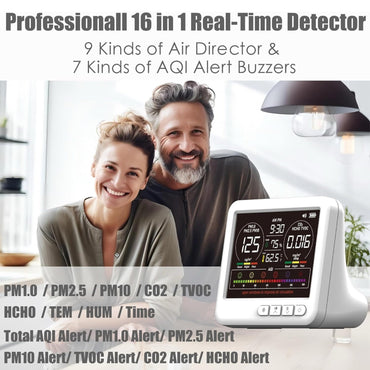 Professional Indoor Air Quality Monitor 7X AQI Alarms,16 in 1 Portable Real-Time Detector for PM2.5 | PM10 | CO2 | TVOC | HCHO | Temp | Hum for Home Cars Plants Pets