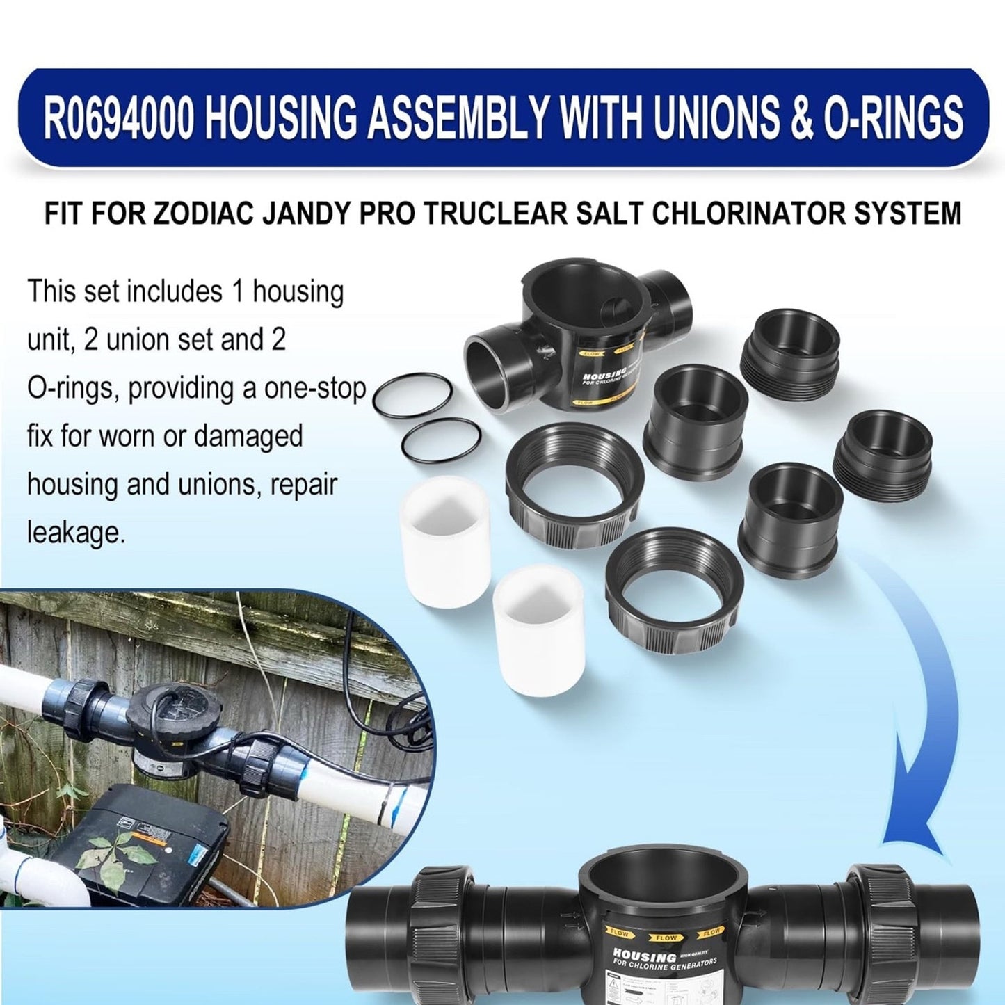 R0694000 Housing Assembly with Unions O-Ring Replacement Kit for Zodiac *NOTE*