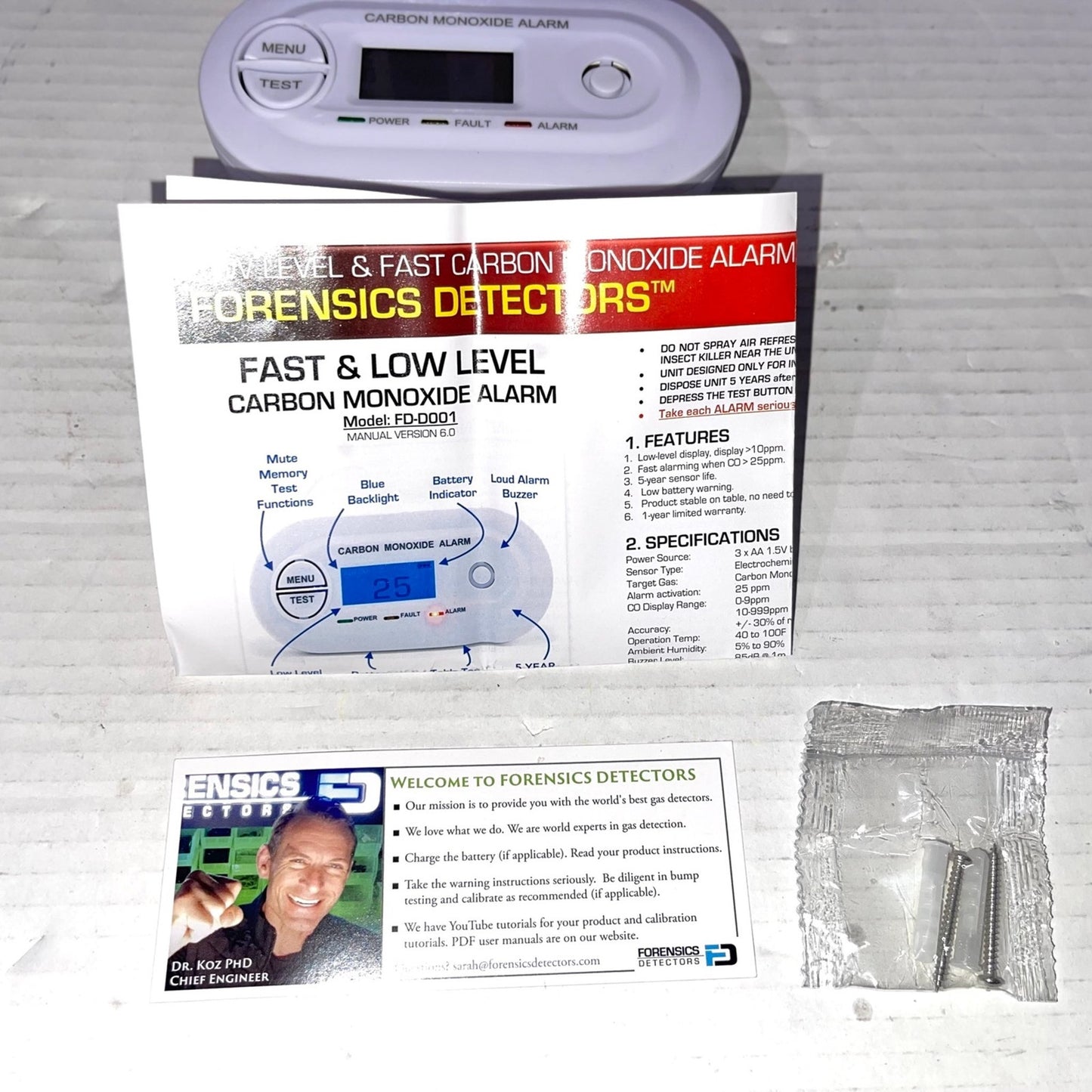 Fast Low Level CO Monitor by Forensics | Offices, Classrooms, Home, Retail | > 10ppm Display | 25ppm Alarm
