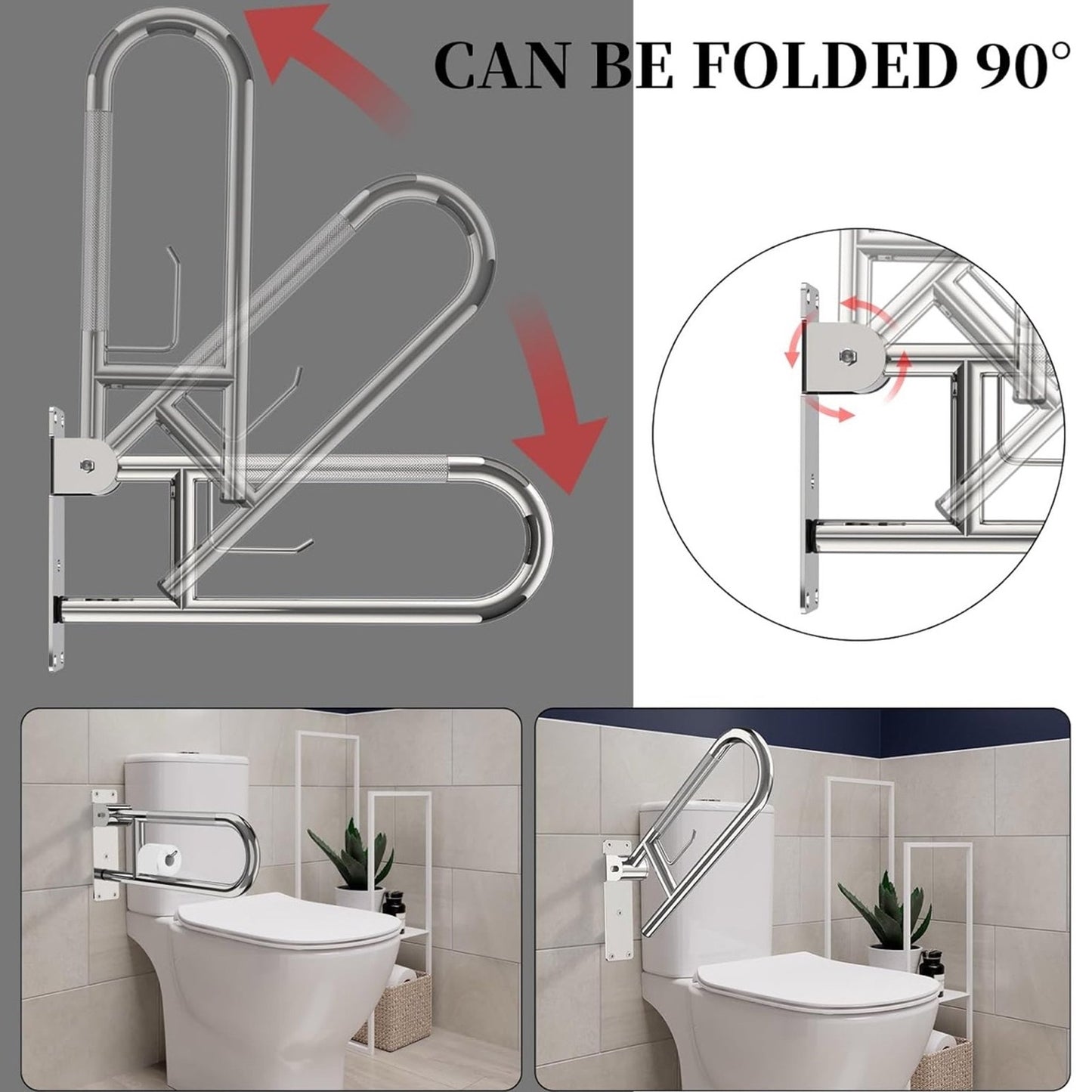 Toilet Grab Bar 22” Flip Up Grab Bar Paper Holder, Polished Chrome Anti-Slip Safety Bars for Toilet, Stainless Steel Knurled Toilet Handles for Seniors Disabled Elderly Pregnant YuanDe