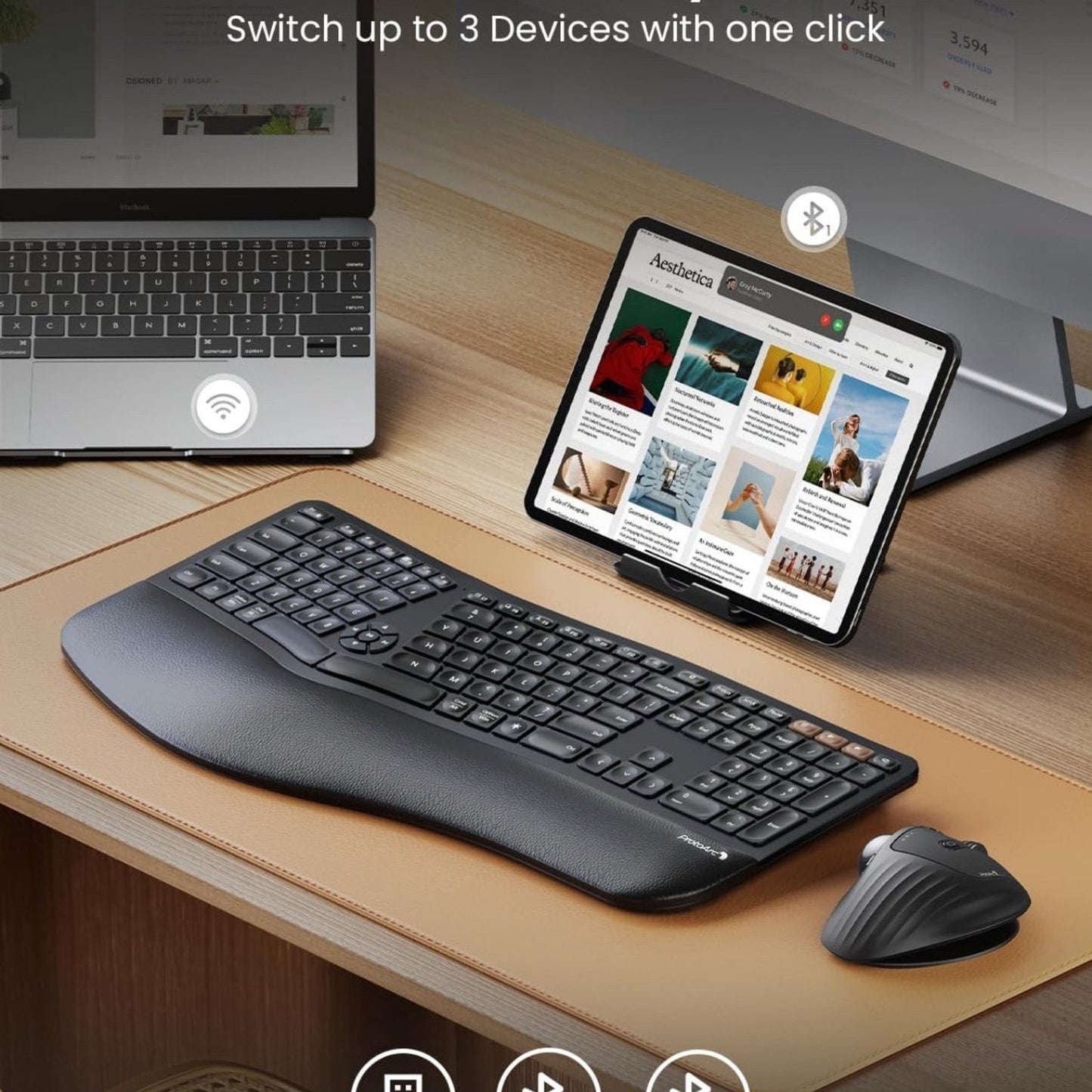 ProtoArc Backlit Bluetooth Ergonomic Keyboard, EK01 Plus Full Size Wireless Spli