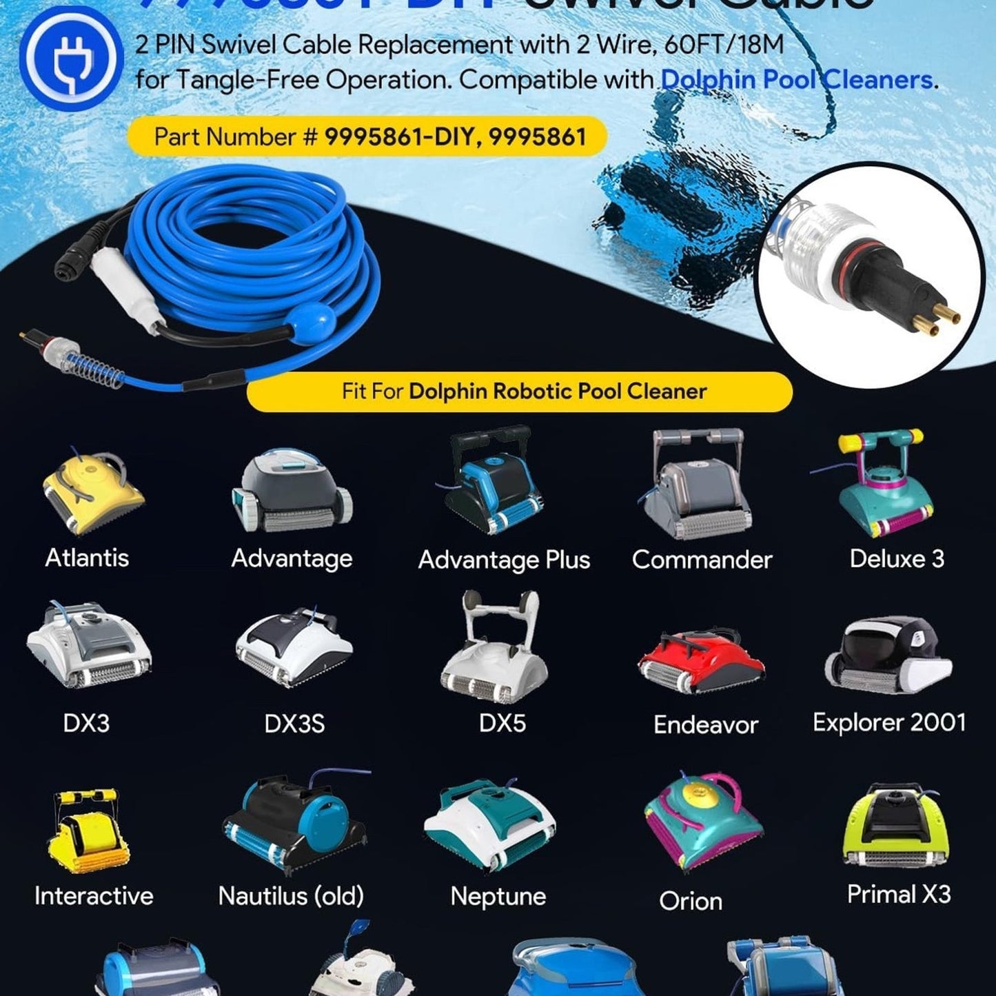 9995861-DIY 2-PIN Blue Swivel Cable 60FT/18M for Dolphin Pool Cleaners Nautilus