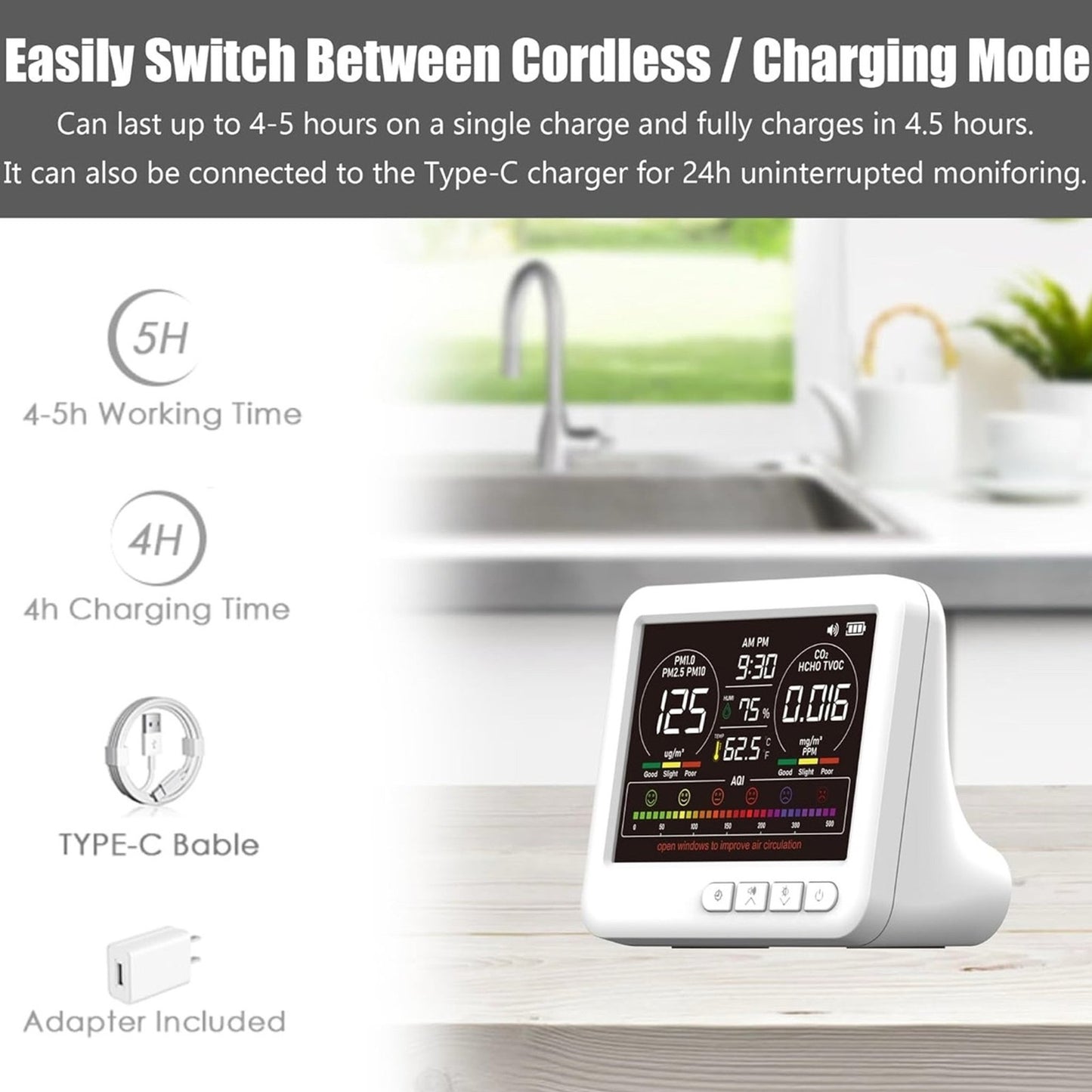 Professional Indoor Air Quality Monitor 7X AQI Alarms,16 in 1 Portable Real-Time Detector for PM2.5 | PM10 | CO2 | TVOC | HCHO | Temp | Hum for Home Cars Plants Pets