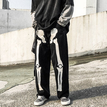 Wide Leg Skeleton Print Jeans (Men)