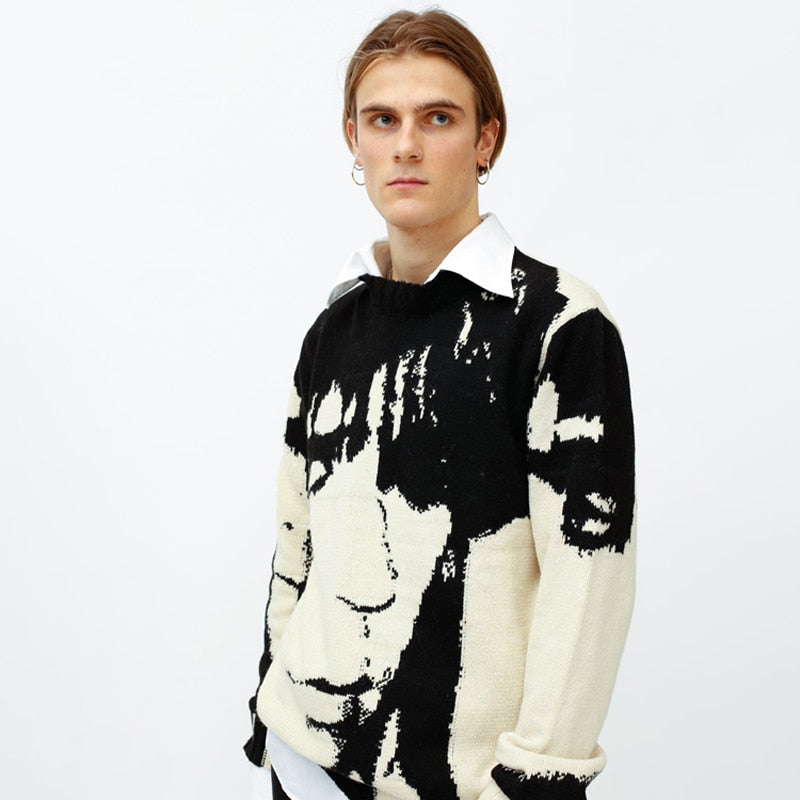 Vintage Wool Style Anime Face Portrait Streetwear Sweater (Men)