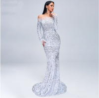 FORMAL SHOULDER FEATHER LONG SLEEVE REFLECTIVE SEQUIN FLOOR LENGTH MAXI NIGHT GOWN EVENING DRESS (WOMEN)