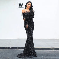 FORMAL SHOULDER FEATHER LONG SLEEVE REFLECTIVE SEQUIN FLOOR LENGTH MAXI NIGHT GOWN EVENING DRESS (WOMEN)