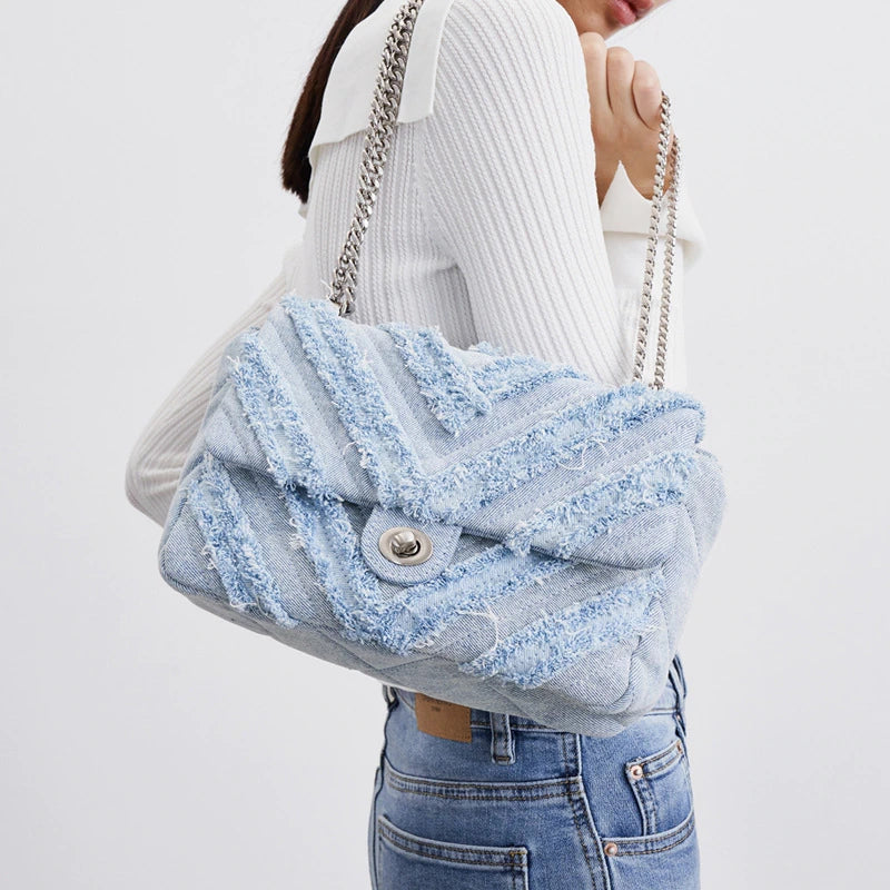 25CM Light Blue Denim Chain Crossbody Bag (Ladies)