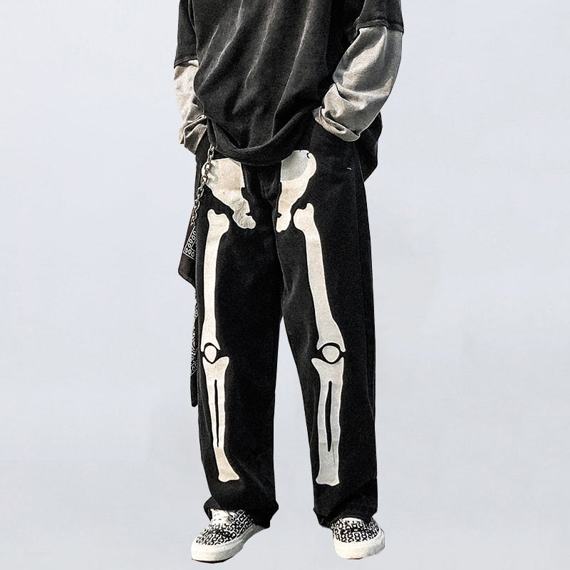 Wide Leg Skeleton Print Jeans (Men)