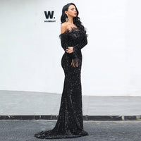 FORMAL SHOULDER FEATHER LONG SLEEVE REFLECTIVE SEQUIN FLOOR LENGTH MAXI NIGHT GOWN EVENING DRESS (WOMEN)