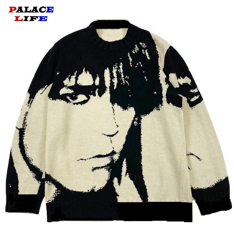 Vintage Wool Style Anime Face Portrait Streetwear Sweater (Men)