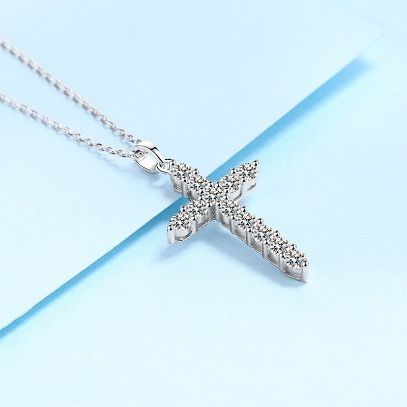 Platinum-Plated Moissanite Diamond Cross Necklace (Unisex)